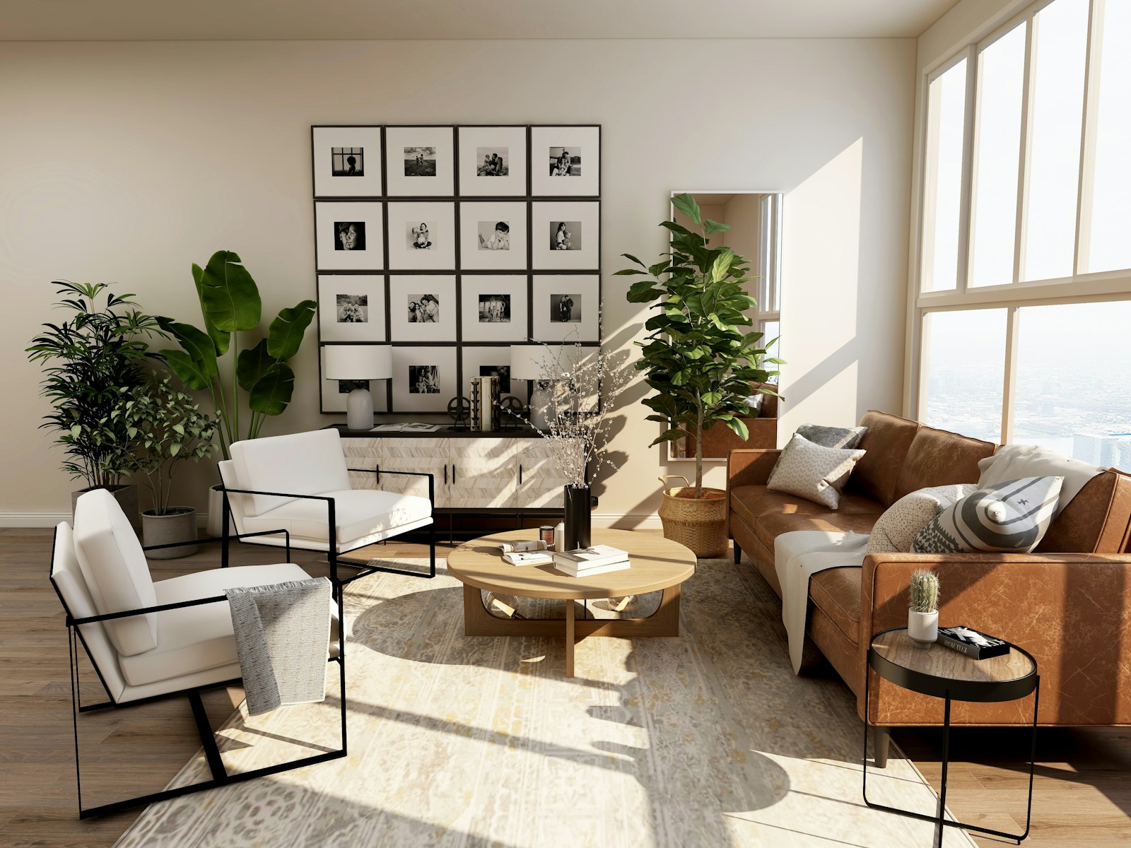 Sunlit furnished living room with plants and a sofa